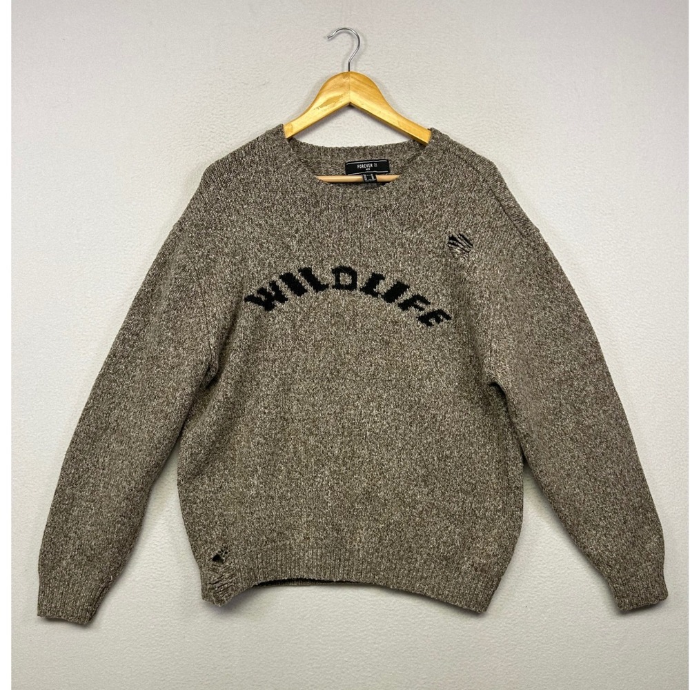 Gorpcore Distressed Forever 21 Men Medium Brown Wildlife Marled Knit Sweater